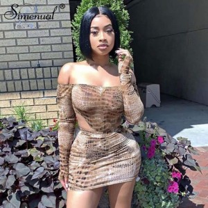Simenual Sexy Hot Snake Print Matching Set Women Off Shoulder Fashion 2019 Two Piece Outfits Long Sleeve Bodysuit And Skirt Sets
